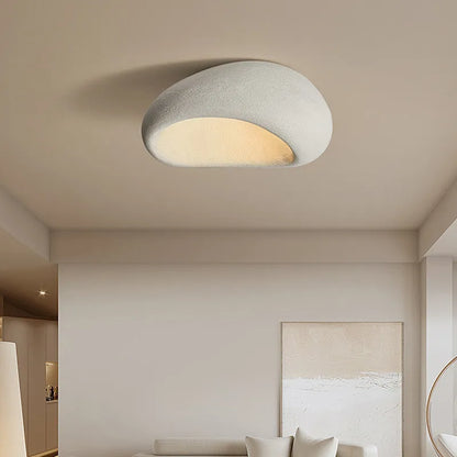 Rustic LED ceiling light in light gray textured metal, small round flush mount with warm glow