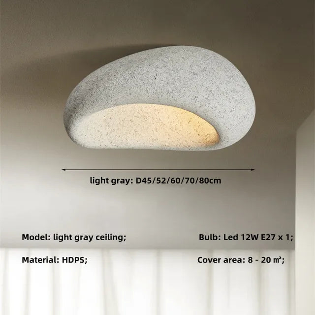 Rustic LED ceiling light in light gray textured metal, wide round flush mount with warm glow