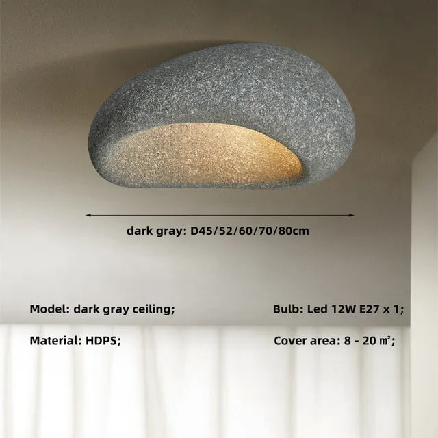 Rustic LED ceiling light in dark gray textured metal, wide round flush mount with warm glow