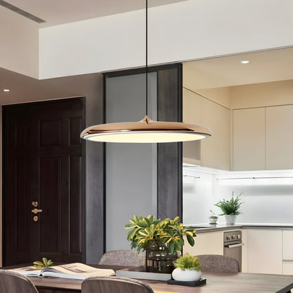Silver metal pendant light with round dome shade above modern kitchen table