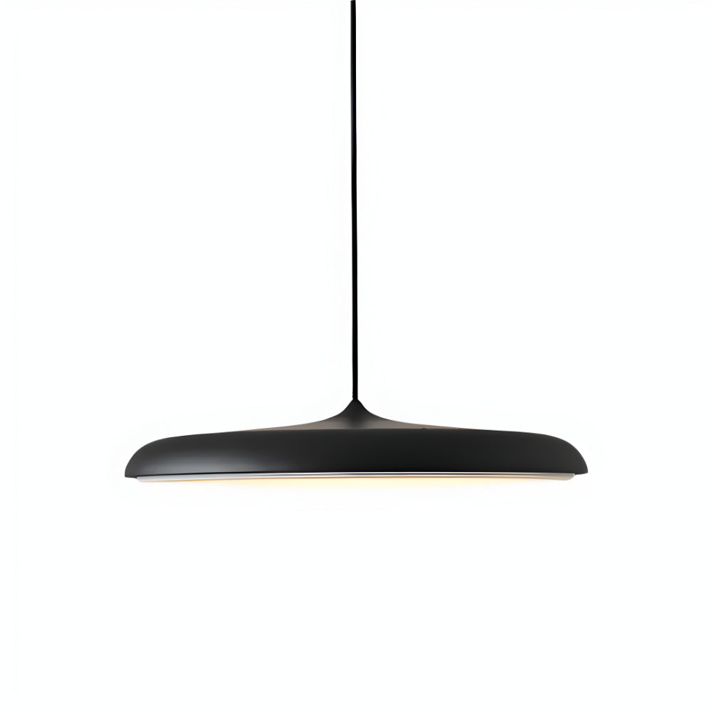 Black metal pendant light with wide dome shade and long hanging stem