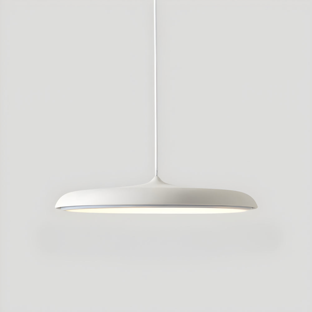 White metal pendant light with wide horizontal dome shade and straight cord