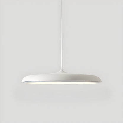 White metal pendant light with wide horizontal dome shade and straight cord