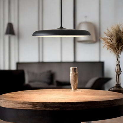 Matte black metal pendant light with wide dome shade and hanging stem