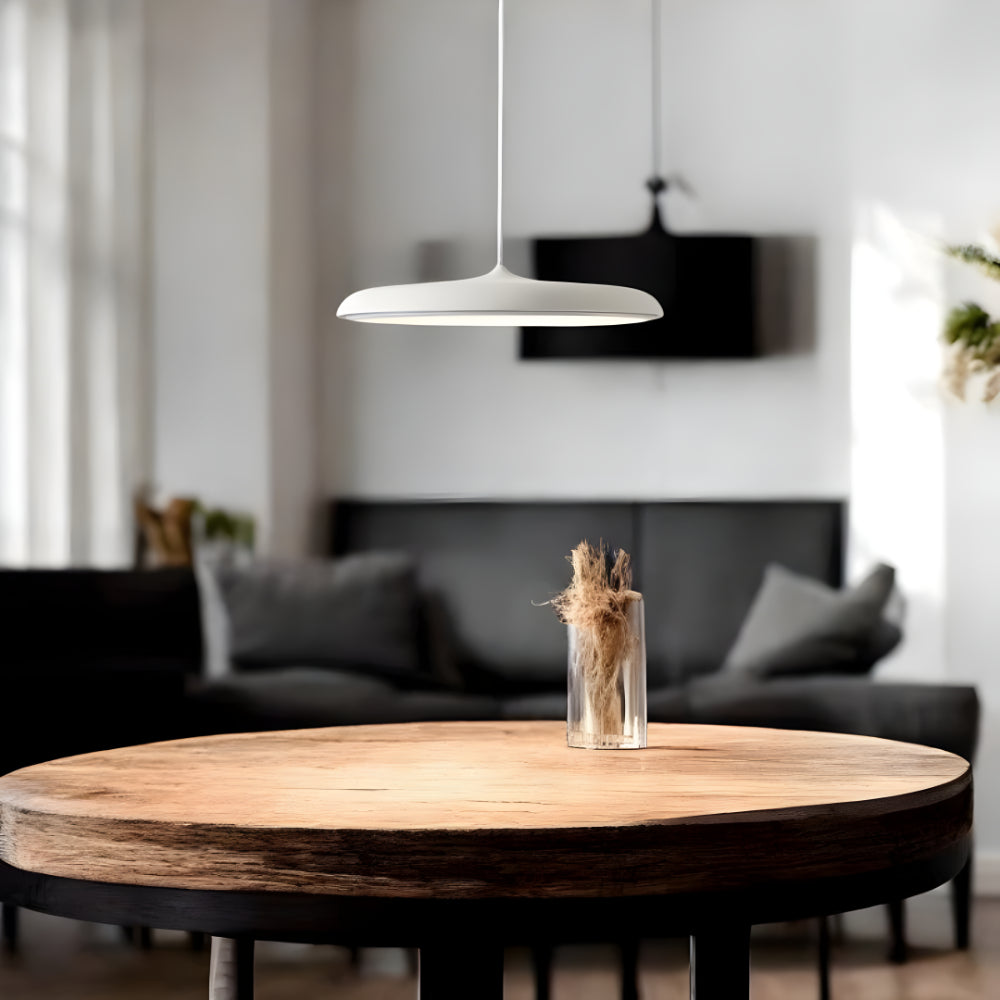 Black metal Scandinavian pendant light with wide dome shade and central stem