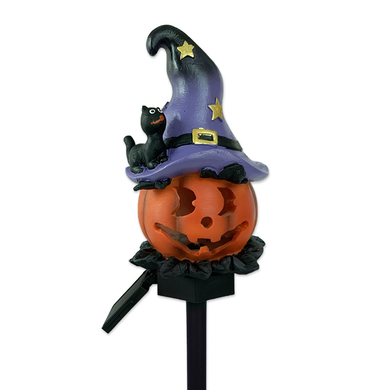 Solar Halloween garden light: single orange pumpkin with purple witch hat, cat, and glow