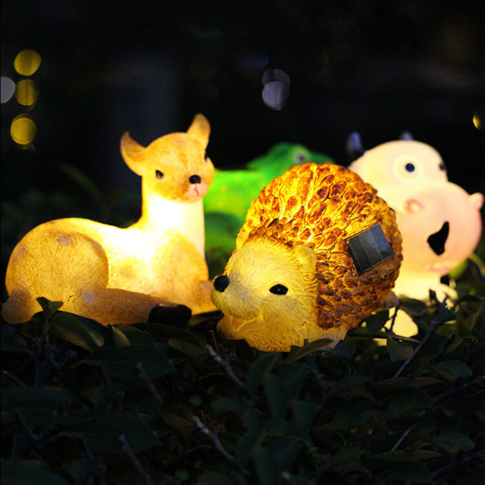 Solar resin animal garden lights set with glowing deer, frog, turtle, and hedgehog
