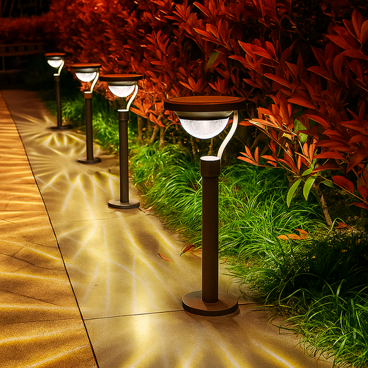 Stainless steel solar garden light with black post and frosted dome lamp head, glowing