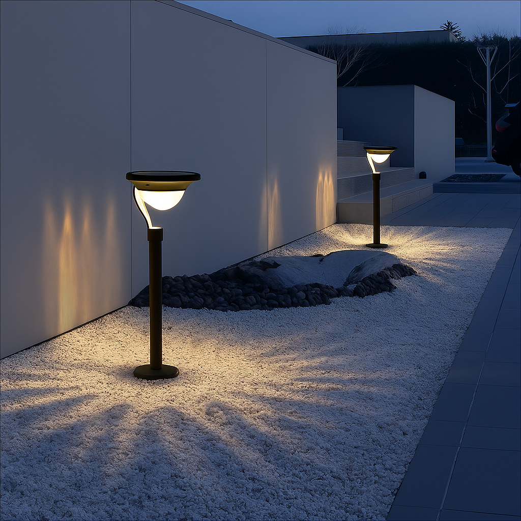 Stainless steel solar garden light with black base and warm glowing frosted dome
