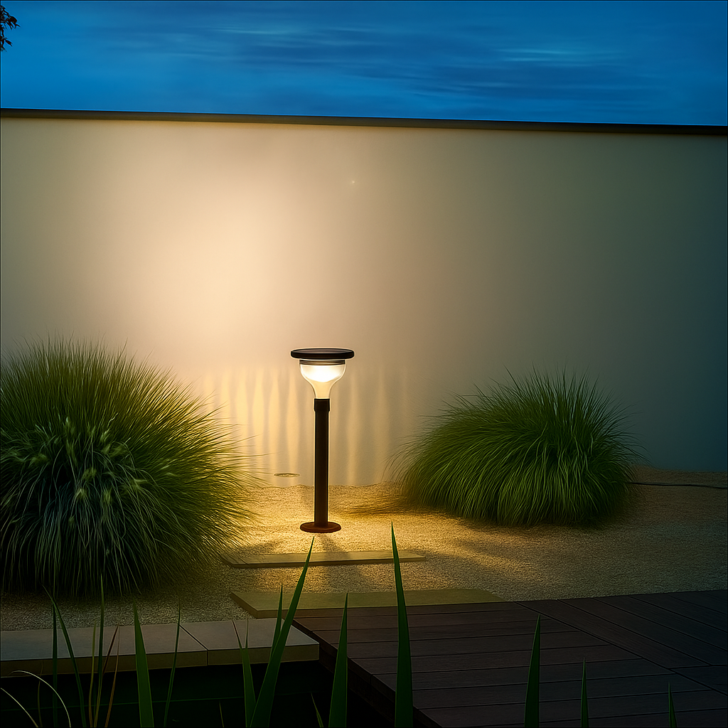 Stainless steel solar garden light standing on path with glowing frosted lamp head