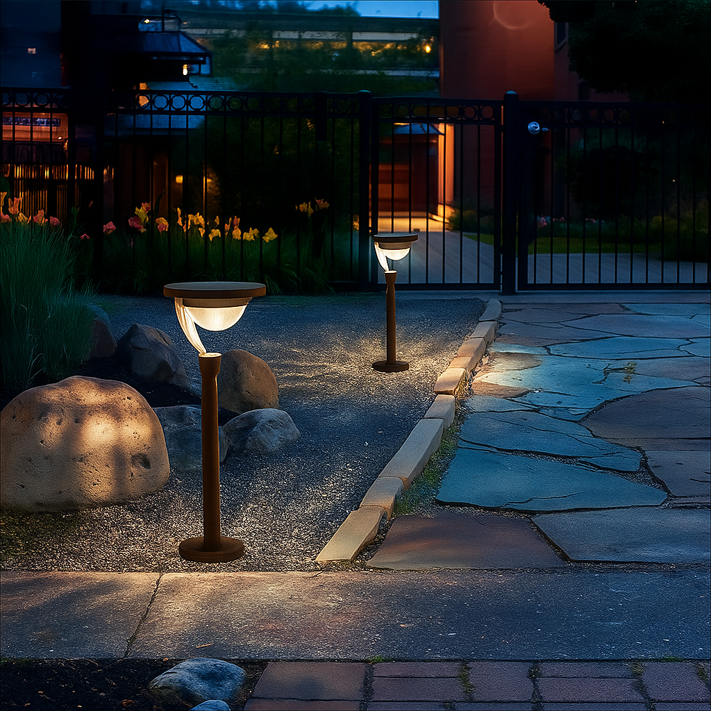Stainless steel solar garden light on driveway near rocks, warm glow from frosted head