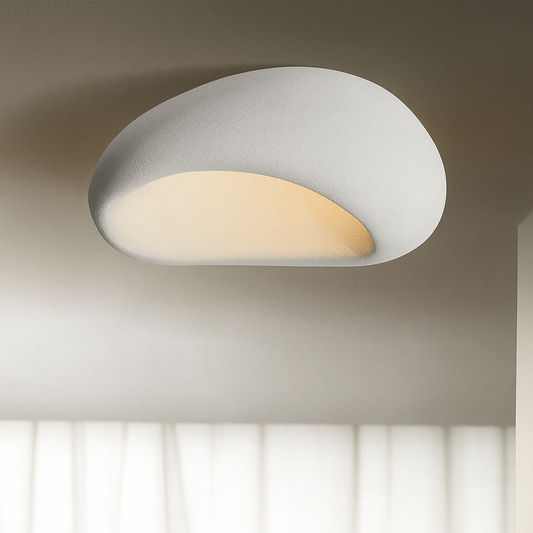 Rustic LED ceiling light in light gray textured metal, round flush mount with warm glow
