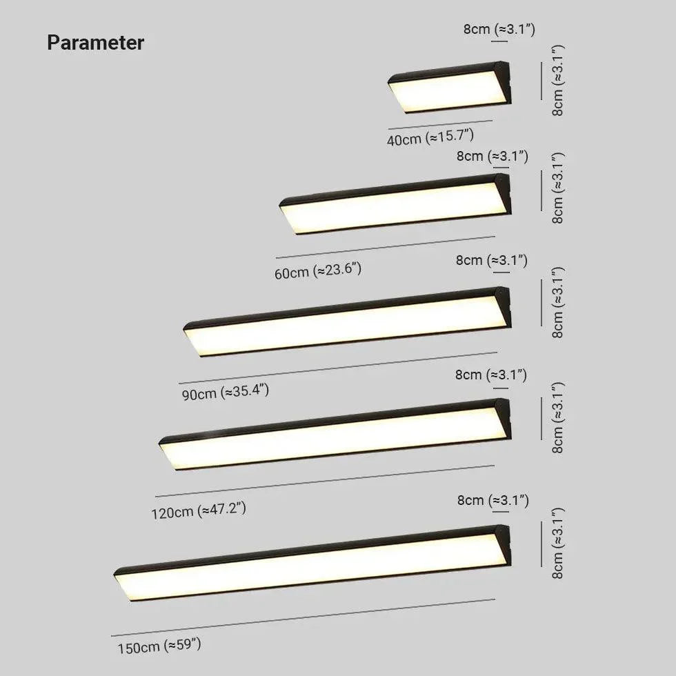 Black linear LED outdoor light bar length options with height and width measurements