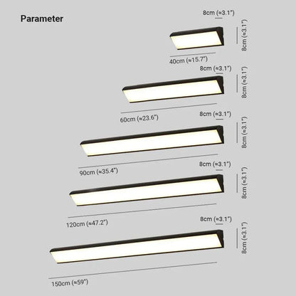 Black linear LED outdoor light bar length options with height and width measurements