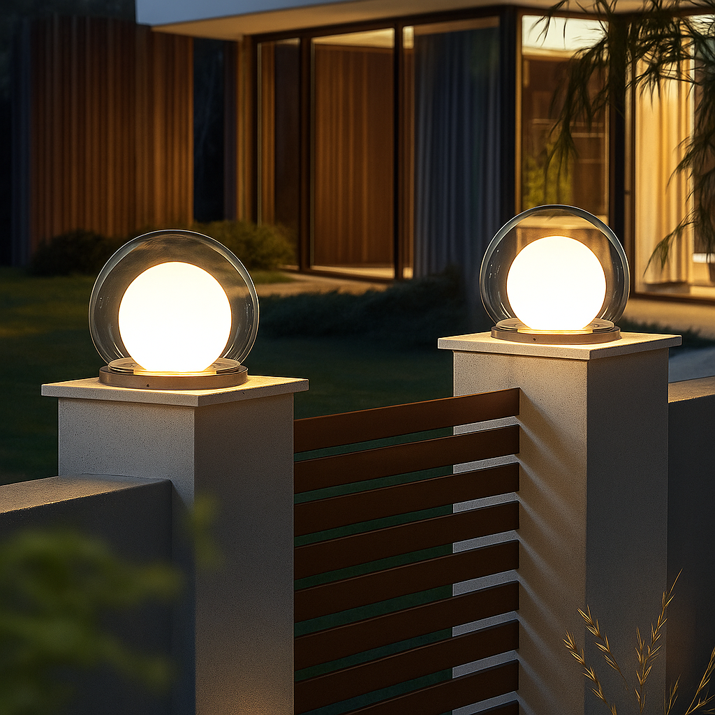 Set of outdoor LED ball garden lamps with clear globes and warm light on square bases