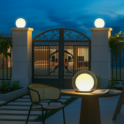 Outdoor LED ball garden lamp with clear globe and warm light on tall square pedestal