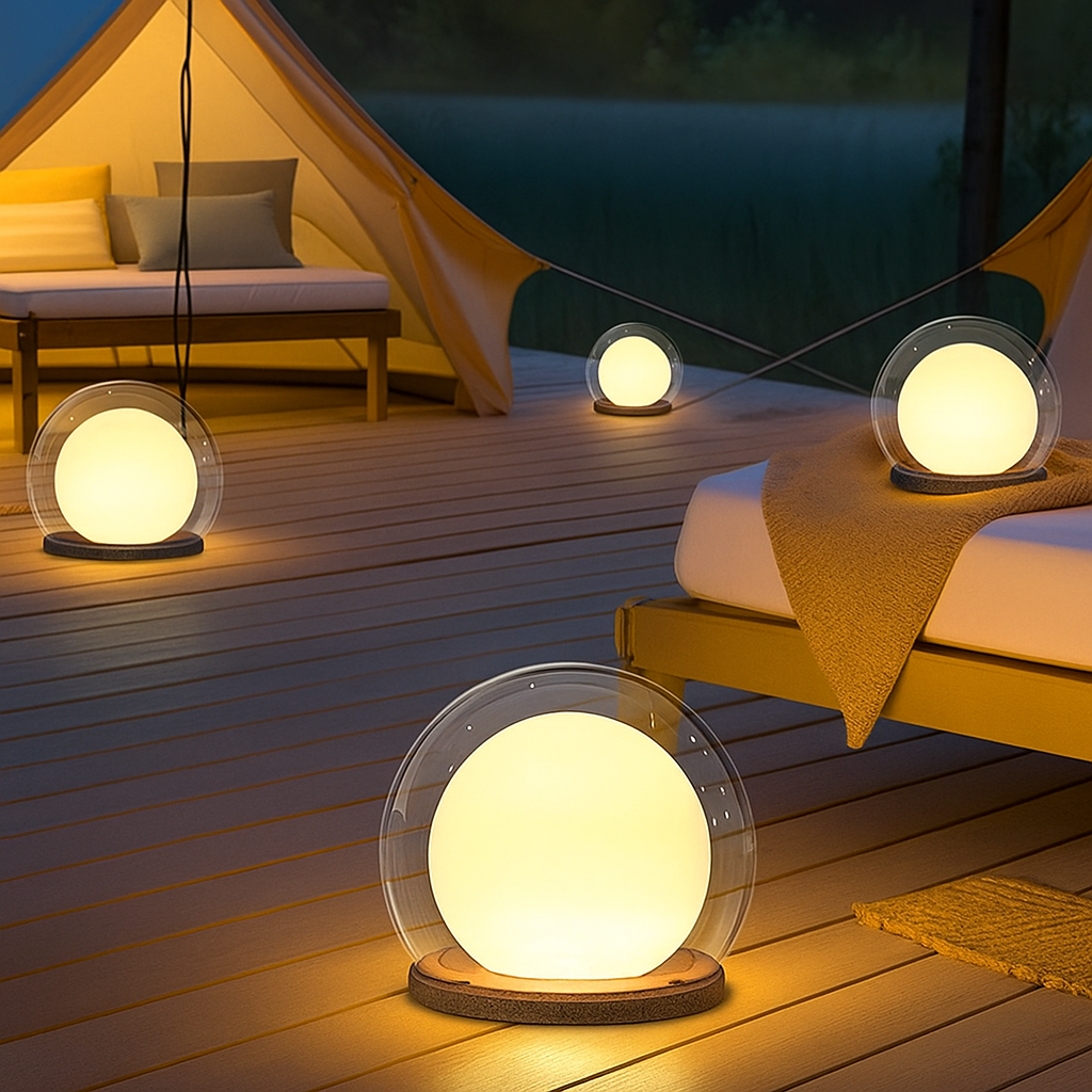Outdoor LED ball garden lamp with clear globe and warm light on deck, black base
