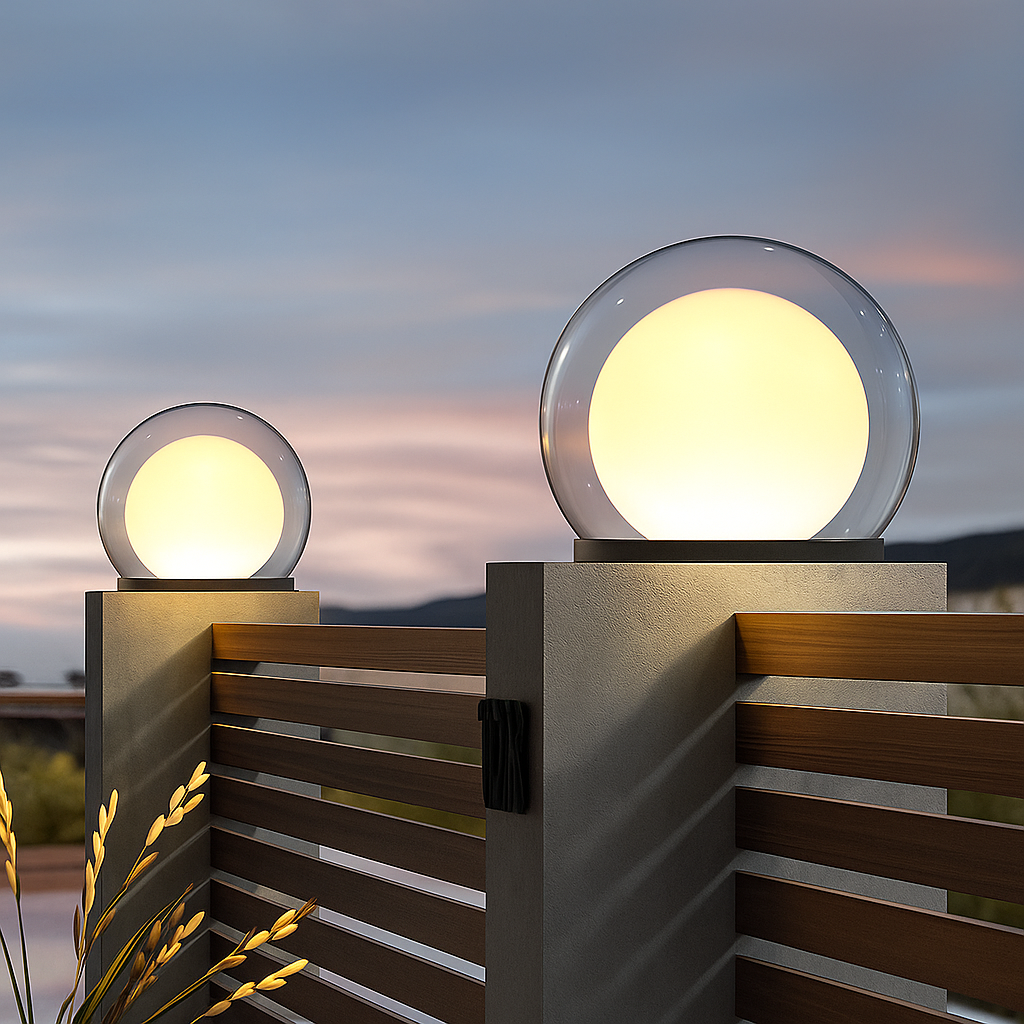 Outdoor LED ball garden lamp with round clear globe, warm glow, on gray stone base