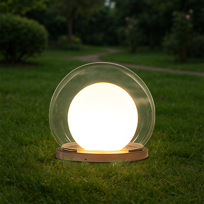 Outdoor LED ball garden lamp with clear globe top, warm light, and bronze base on grass